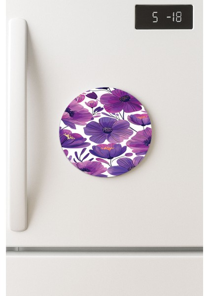 Desenli Temalı Yuvarlak Buzdolabı Magnet – 10X10 cm Mor Çiçekler