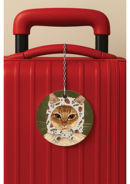 Desenli Baskılı Pleksi Zincir Aparatlı Bavul Etiketi Valiz Etiketi Köylü Kedicik