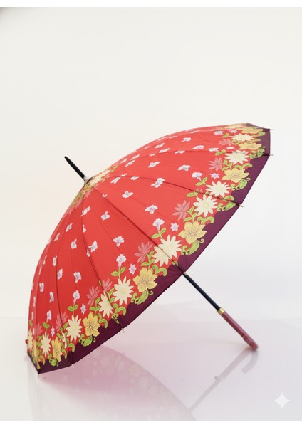 Çiçek detaylı,renkli 1. Sınıf Kalite Baston Tip Rüzgar Korumalı Metal 16 Telli Siyah Gövdeli şemsiye fiyatları