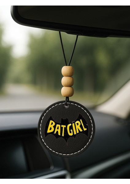 Özel Tasarım Deri Baskılı Desenli Araba Dikiz Aynası Süsü Siyah - Batgirl