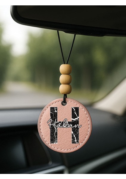 Kişiye Özel Isim Yazılı 1.sınıf Deri Ahşap Dekorlu Dikiz Aynası Süsü Pudra Pembe - H Harfi