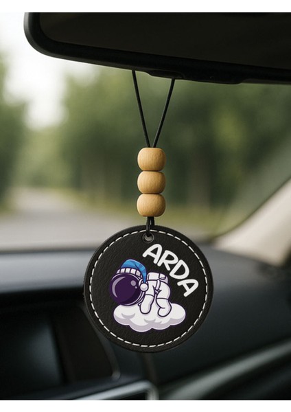 Kişiye Özel Isim Yazılı 1.sınıf Deri Oto Aksesuar Dikiz Aynası Süsü Siyah - Astronot