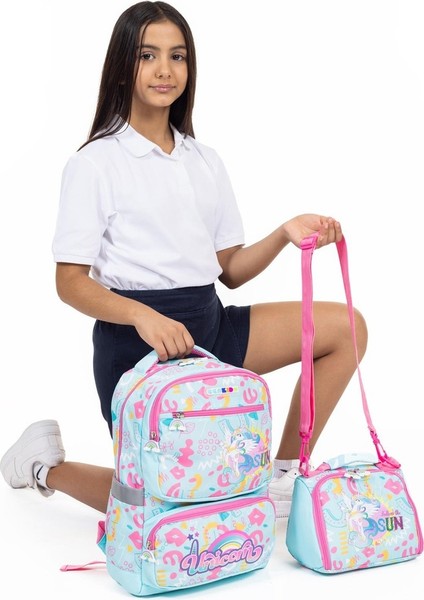 Unicorn Figürlü Çok Bölmeli Ilkokul Sırt Çantası ve Beslenme Çantası
