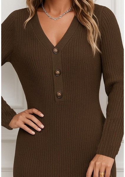 Kadın Uzun Kollu V Yakalı Önden Düğmeli Kısa Triko Elbise fiyatları