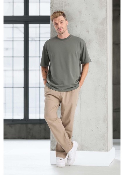 Bergman Keten Görünümlü Pamuklu Flamlı Rahat Kalıp Pileli Erkek Pantolon - Kum Beji