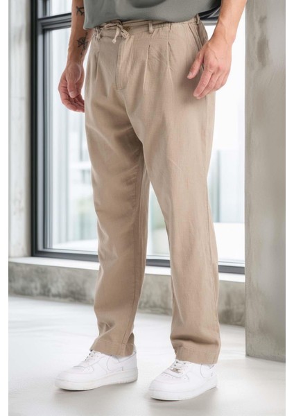 Bergman Keten Görünümlü Pamuklu Flamlı Rahat Kalıp Pileli Erkek Pantolon - Kum Beji