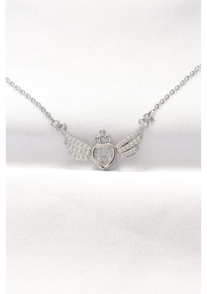 Bfs 316L Çelik Silver Renk Zirkon Taşlı Kalpli Kanat Kolye