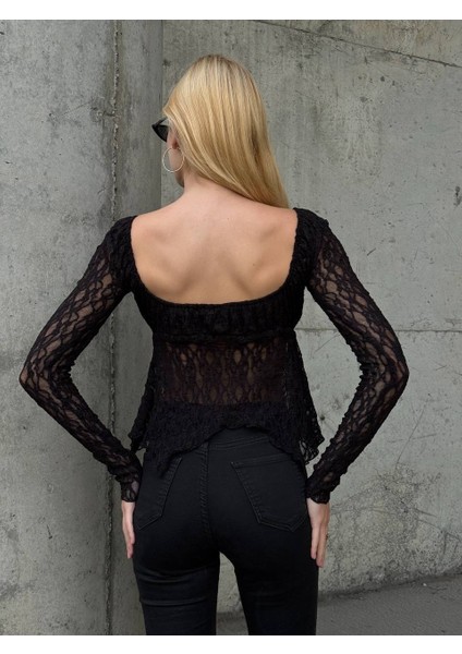 Ekru Peplum Etek Ucu Fırfırlı Güpür Bluz Uzun Kol Bağlama Detaylı Kare Yaka Şık Bluz indirimleri