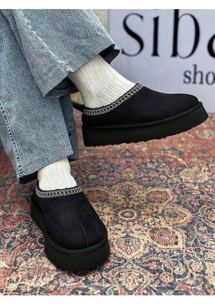 Yula Içi Kürklü Işleme Detaylı Siyah Süet Kadın Bot