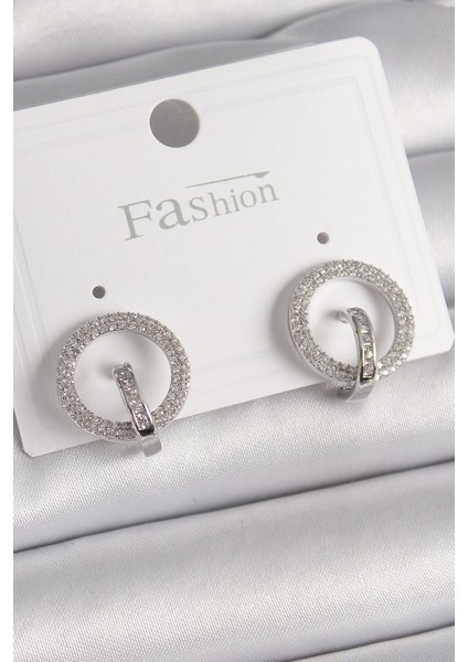 Bfs Pirinç Gümüş Renk Zirkon Taşlı Halka Model Kadın Küpe