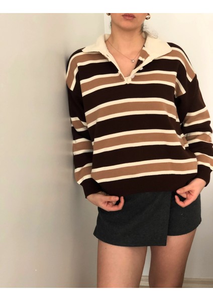 Çizgili Düğmeli Polo Yaka Kadın Triko Kazak fiyatları