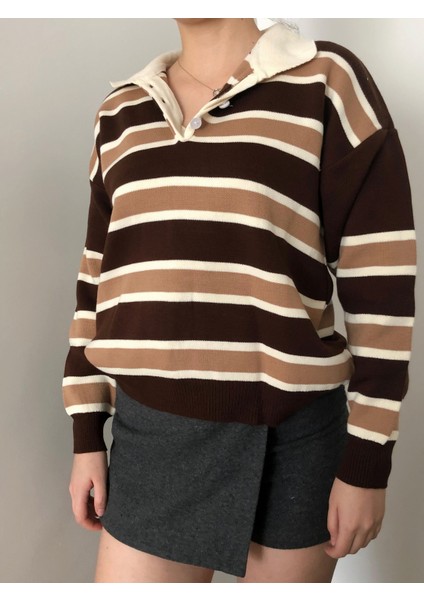 Çizgili Düğmeli Polo Yaka Kadın Triko Kazak modelleri