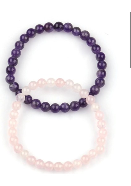 Ametist - Pembe Kuvars Doğal Taş Bileklik 6 mm 2'li Set