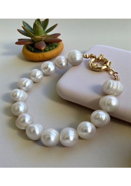 Orijinal Gemici Kilitli Gerçek Inci Bileklik / 19 cm / 9-10 mm
