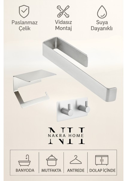 3'lü Set (Paslanmaz Çelik Yapışkanlı Havlu Askılığı, Tuvalet Kağıtlığı ve 2'li Askılık) Yapışkanlı