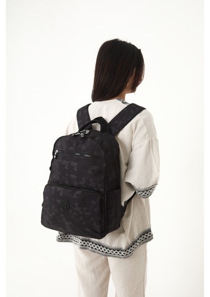 Sanmorris Glc Unisex 3060 Suya Dayanıklı Orta Boy Krinkıl Kumaş Çok Gözlü Siyah Laptop Okul ve Seyahat Sırt Çantası