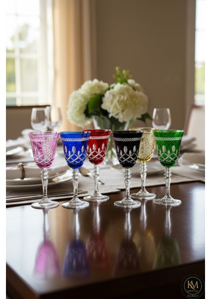 El Yapımı Kristal River Çift Renk Dekoratif Sunumluk Kadeh Seti 6'lı