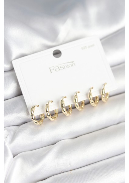 Zarif Kulaklar Için Golden Pirinç Baklalı Halka 925 Silver Çivili Küpe Seti