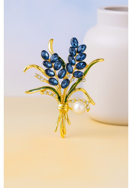 Göksunun Izi Altın Tonlu Mavi Taşlı Inci Detaylı Lavanta Demeti Formlu Broş fiyatları