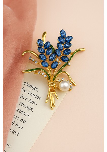 Göksunun Izi Altın Tonlu Mavi Taşlı Inci Detaylı Lavanta Demeti Formlu Broş modelleri