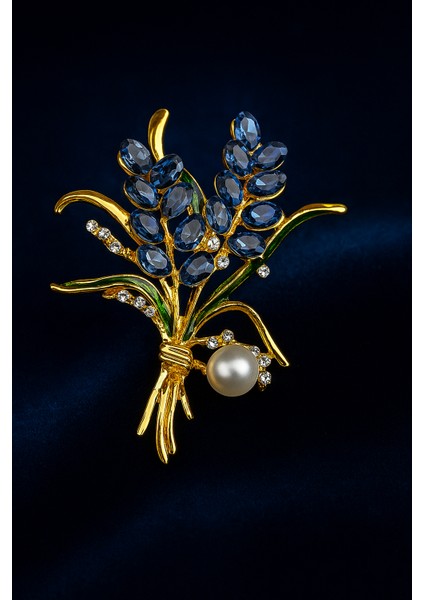 Göksunun Izi Altın Tonlu Mavi Taşlı Inci Detaylı Lavanta Demeti Formlu Broş fırsatları
