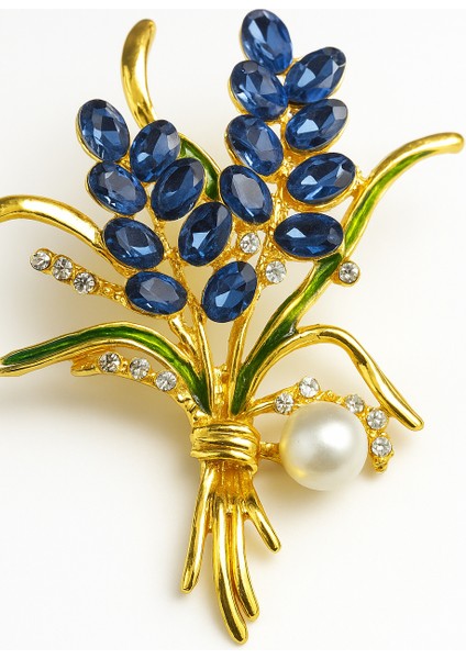 Göksunun Izi Altın Tonlu Mavi Taşlı Inci Detaylı Lavanta Demeti Formlu Broş