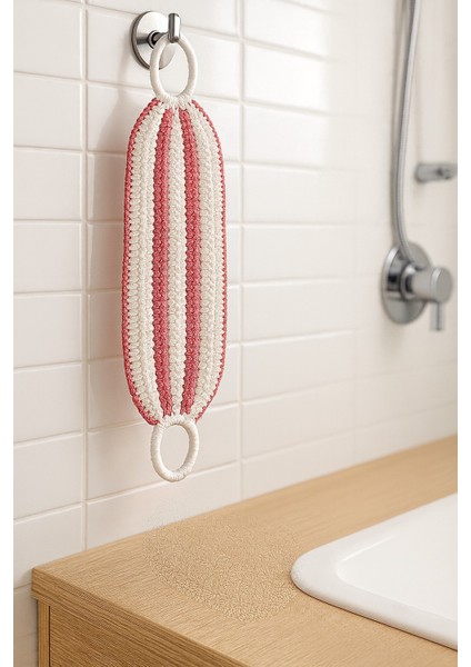 El Yapımı Pudra-Beyaz Çizgili Uzun Lif – Halkalı El Örgüsü Sırt Lifi