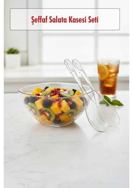 3,5 Lt Şeffaf Akrilik Salata Servis Kasesi ve Çatal Kaşık Seti - 3 Parça