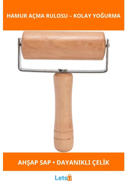 Doğal Ahşap Paslanmaz Çelik Ergonomik Hamur Açma Rulosu