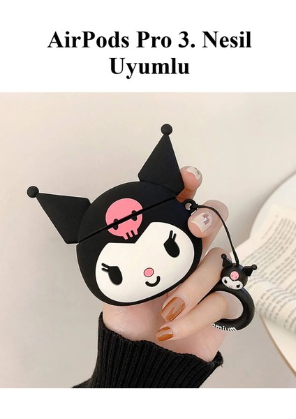 Airpods Pro 3. Nesil Uyumlu Sevimli Siyah Kuromi Figürlü Darbe Önleyici Kulaklık Koruma Kılıfı