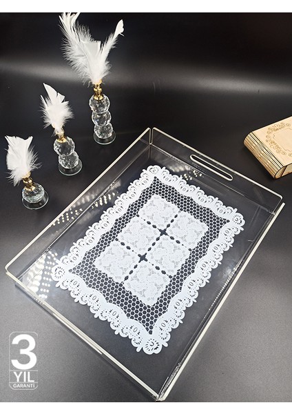 Şeffaf Dantel Desenli Lüks Pleksi Tepsi | Kırılmaz, Şık Sunumluk | Söz Nişan Çeyiz Tepsisi | Ortaboy fırsatları