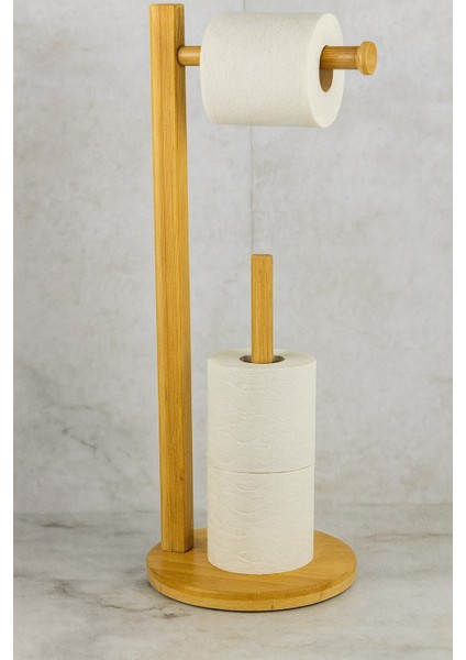 Doğal Bambu Tuvalet Kağıdı Standı – Çift Katlı Rulo Tutucu ve Yedek Kağıt Organizer BR-6720