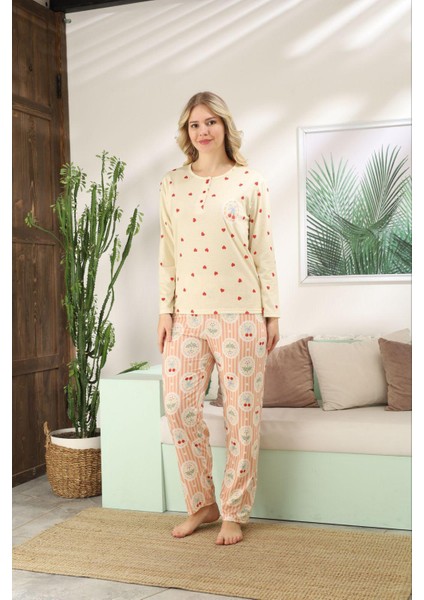 3 Düğmeli Uzun Kollu Kadın Pamuklu Pijama Takımı