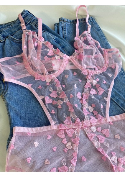 Beyaz Gelincik Underwear Kadın Dantelli Pembe Kalpli Transparan Çıtçıtlı Body Bodysuit Fantezi Iç Çamaşır fiyatları