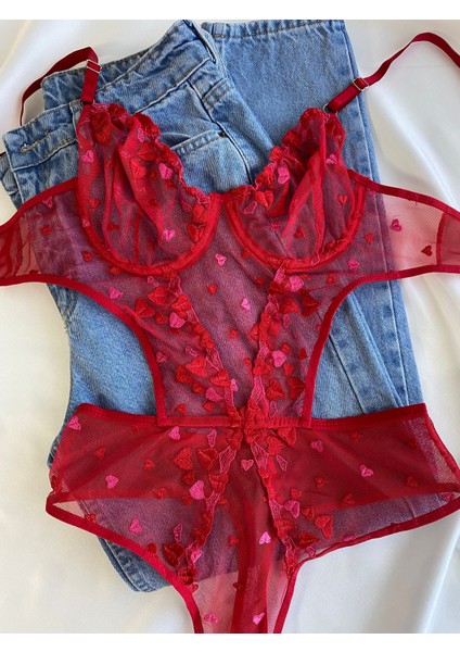 Kadın Dantelli Kırmızı Kalpli Transparan Çıtçıtlı Body Bodysuit Fantezi Iç Çamaşır fiyatları
