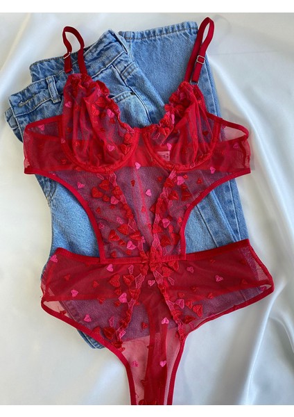 Beyaz Gelincik Underwear Kadın Dantelli Kırmızı Kalpli Transparan Çıtçıtlı Body Bodysuit Fantezi Iç Çamaşır