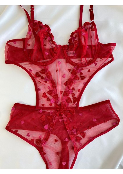 Beyaz Gelincik Underwear Kadın Dantelli Kırmızı Kalpli Transparan Çıtçıtlı Body Bodysuit Fantezi Iç Çamaşır modelleri
