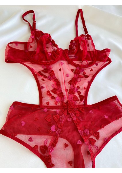Beyaz Gelincik Underwear Kadın Dantelli Kırmızı Kalpli Transparan Çıtçıtlı Body Bodysuit Fantezi Iç Çamaşır fırsatları