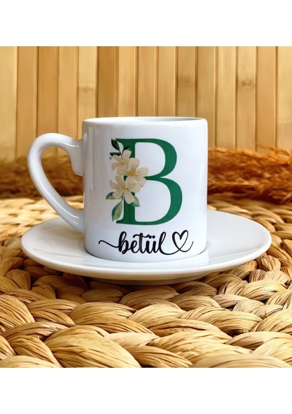 Yeşil Çiçekli Harf Temalı Kişiye Özel Isimli Türk Kahvesi Fincanı – Porselen 90 ml