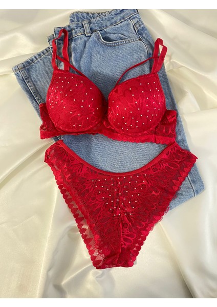 Kadın Dantelli Ip Detaylı Taşlı Balenli Destekli Dolgulu Push Up Sütyen Takımı Iç Çamaşırı Takımı fiyatları