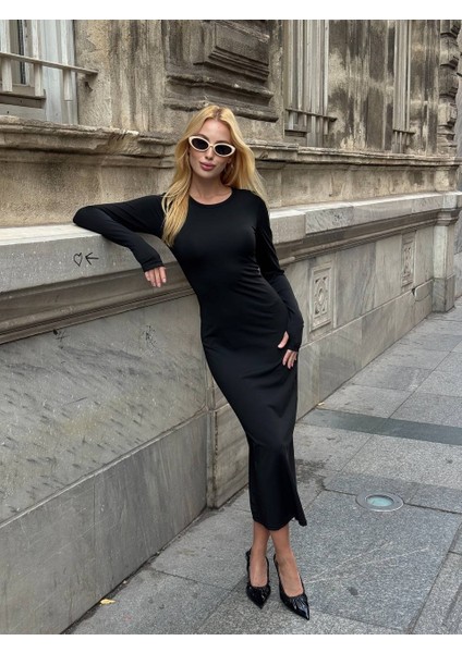 Abiye Uzun Kollu Fit Kalıp Elbise Yuvarlak Yaka Likralı Kumaş Midi Boy