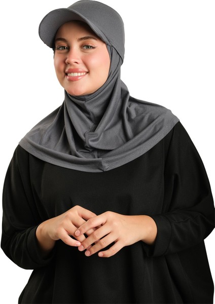 Antrasit Pratik Hazır Geçmeli Şapkalı Tesettür Eşarp Viskon Düz 2513_25