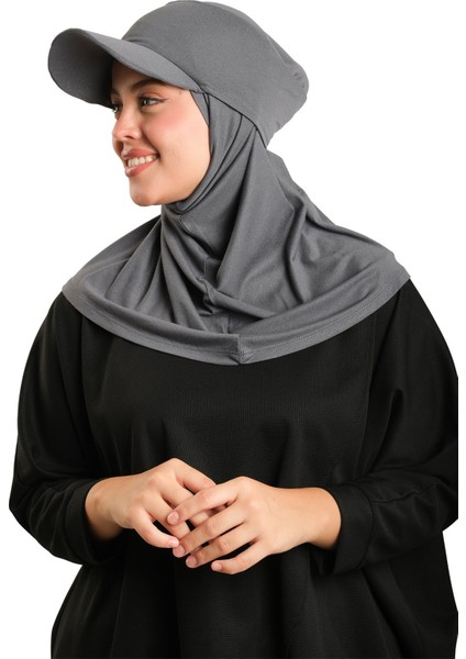 Antrasit Pratik Hazır Geçmeli Şapkalı Tesettür Eşarp Viskon Düz 2513_25 fiyatları