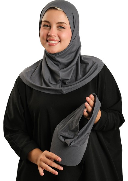 Antrasit Pratik Hazır Geçmeli Şapkalı Tesettür Eşarp Viskon Düz 2513_25 fırsatları