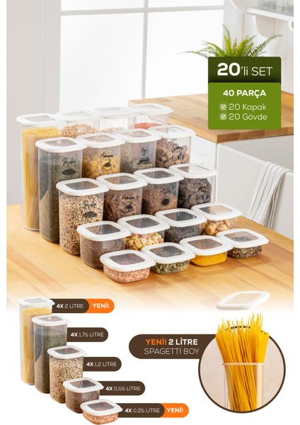 Etiketli 20'li Silikon Kapak Bakliyat ve Baharat Saklama Kabı Beyaz