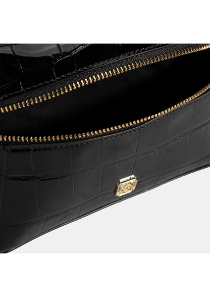 Kadın Siyah Kroko Baskılı Mini Rugan Deri El Çantası