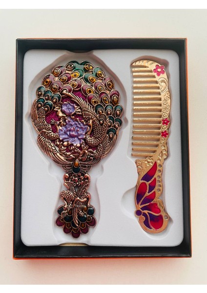 Ayna Tarak Seti, Kutulu-Metal-Hediyelik Takım, 13CM Aynalı Saç Fırçası, Tavuskuşu Figürlü