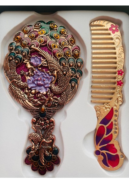 Ayna Tarak Seti, Kutulu-Metal-Hediyelik Takım, 13CM Aynalı Saç Fırçası, Tavuskuşu Figürlü fiyatları