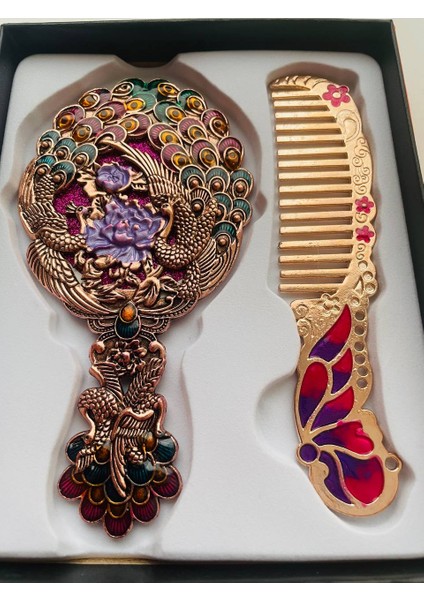 Ayna Tarak Seti, Kutulu-Metal-Hediyelik Takım, 13CM Aynalı Saç Fırçası, Tavuskuşu Figürlü modelleri