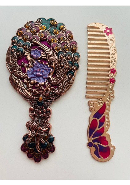 Ayna Tarak Seti, Kutulu-Metal-Hediyelik Takım, 13CM Aynalı Saç Fırçası, Tavuskuşu Figürlü indirimleri